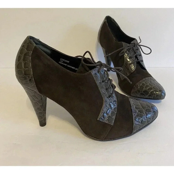 Leather Suede Crock Embossed Heeled Lace up Shoe Pointed Closed Toe Heels - Picture 1 of 11